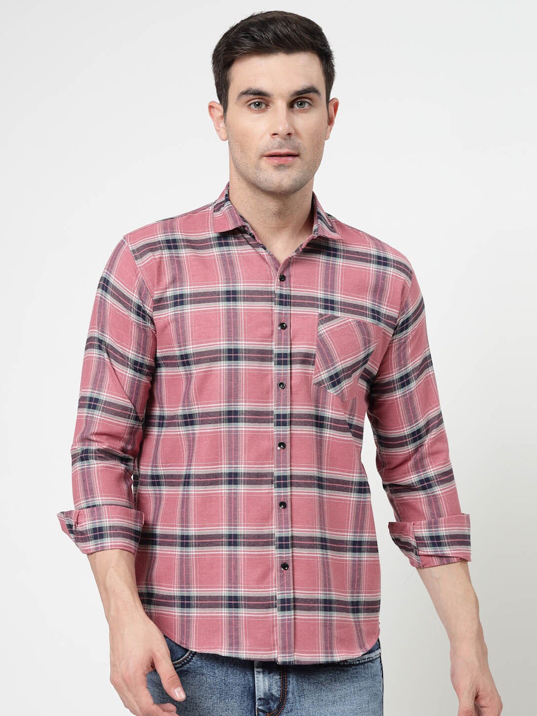 

ADWYN PETER Spread Collar Tartan Checks Opaque Checked Casual Shirt, Pink