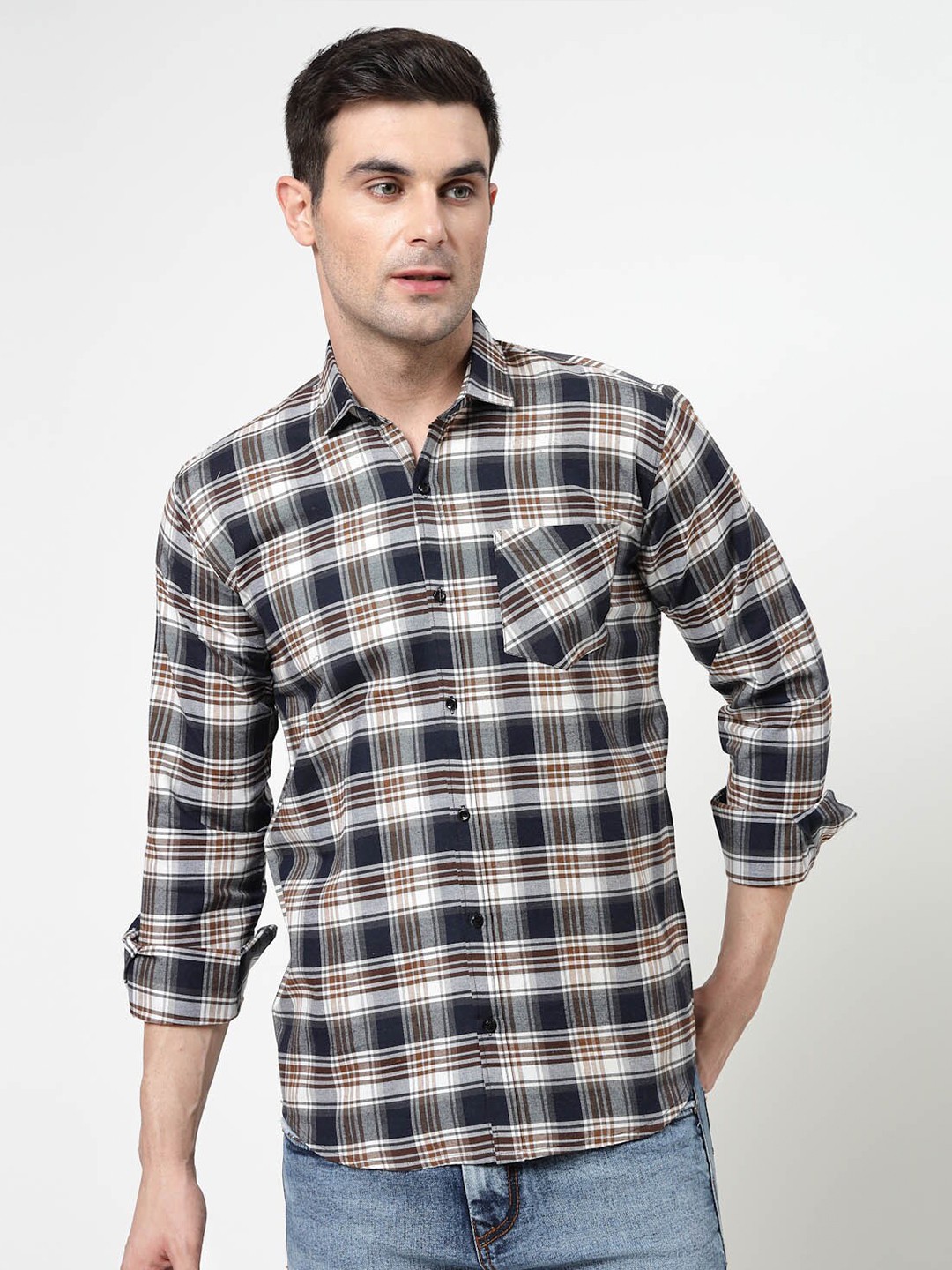 

ADWYN PETER Spread Collar Tartan Checks Opaque Checked Casual Shirt, Black