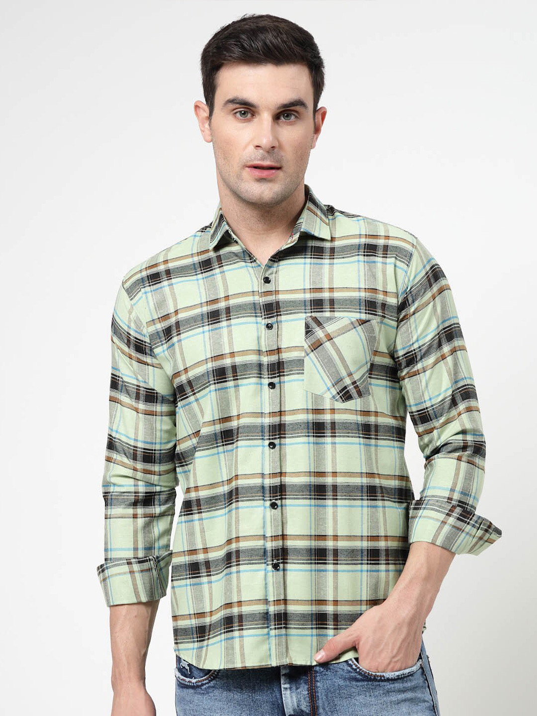 

ADWYN PETER Opaque Tartan Checks Spread Collar Chest Pocket Casual Shirt, Multi