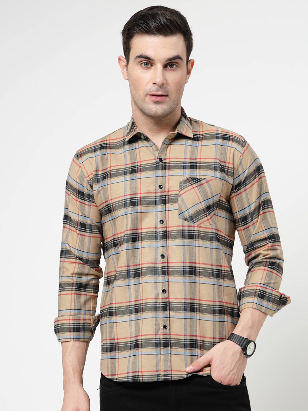 

ADWYN PETER Spread Collar Tartan Checks Opaque Checked Casual Shirt, Brown