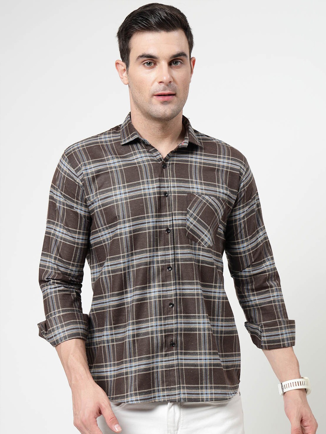 

ADWYN PETER Spread Collar Tartan Checks Opaque Checked Casual Shirt, Brown