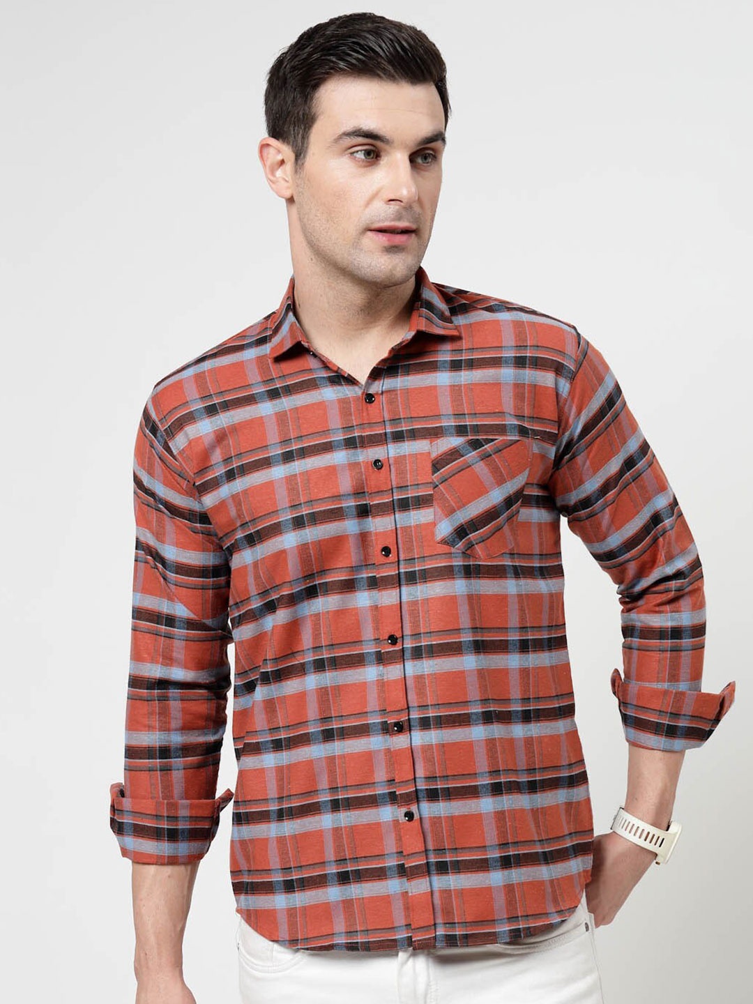 

ADWYN PETER Spread Collar New Tartan Checks Opaque Checked Casual Shirt, Orange