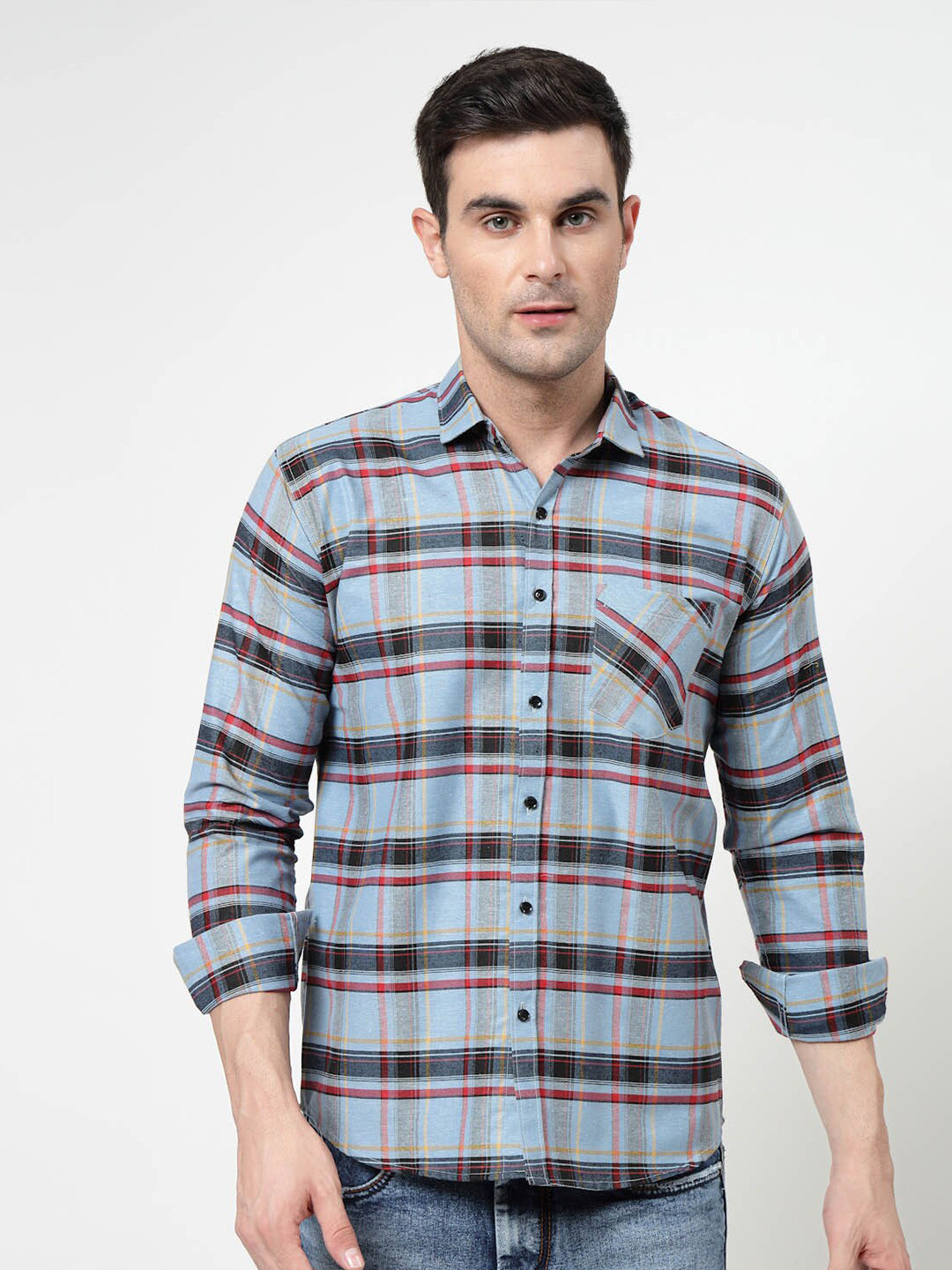 

ADWYN PETER New Tartan Checks Spread Collar Opaque Checked Casual Shirt, Blue