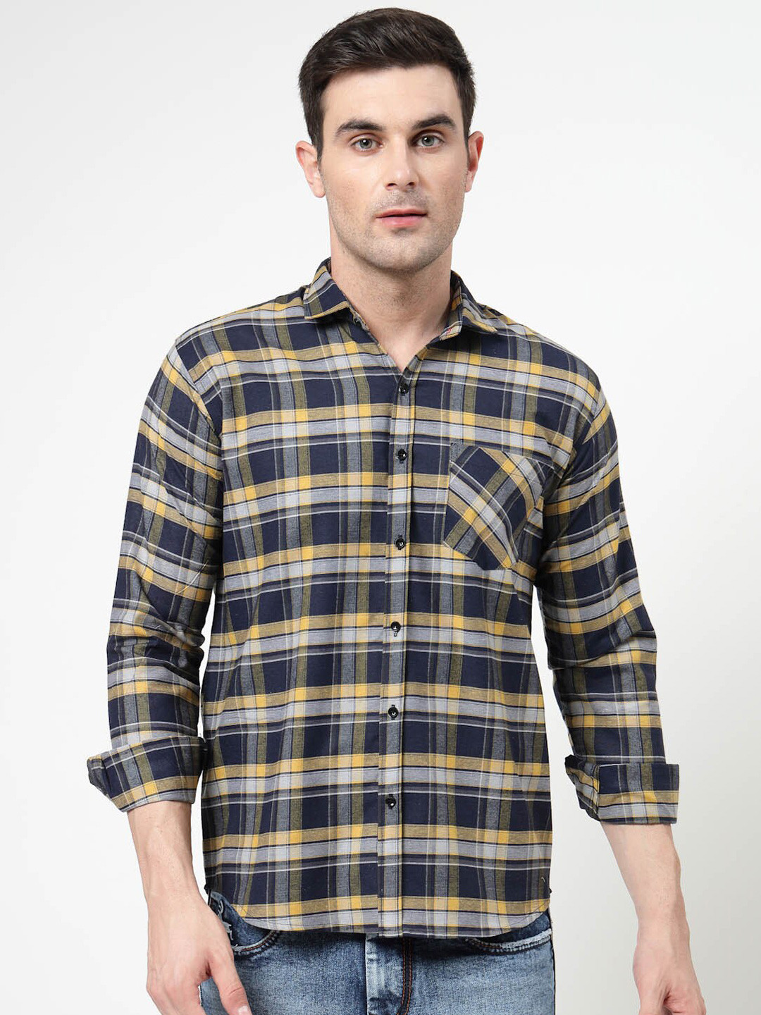 

ADWYN PETER Spread Collar Tartan Checks Opaque Checked Casual Shirt, Black