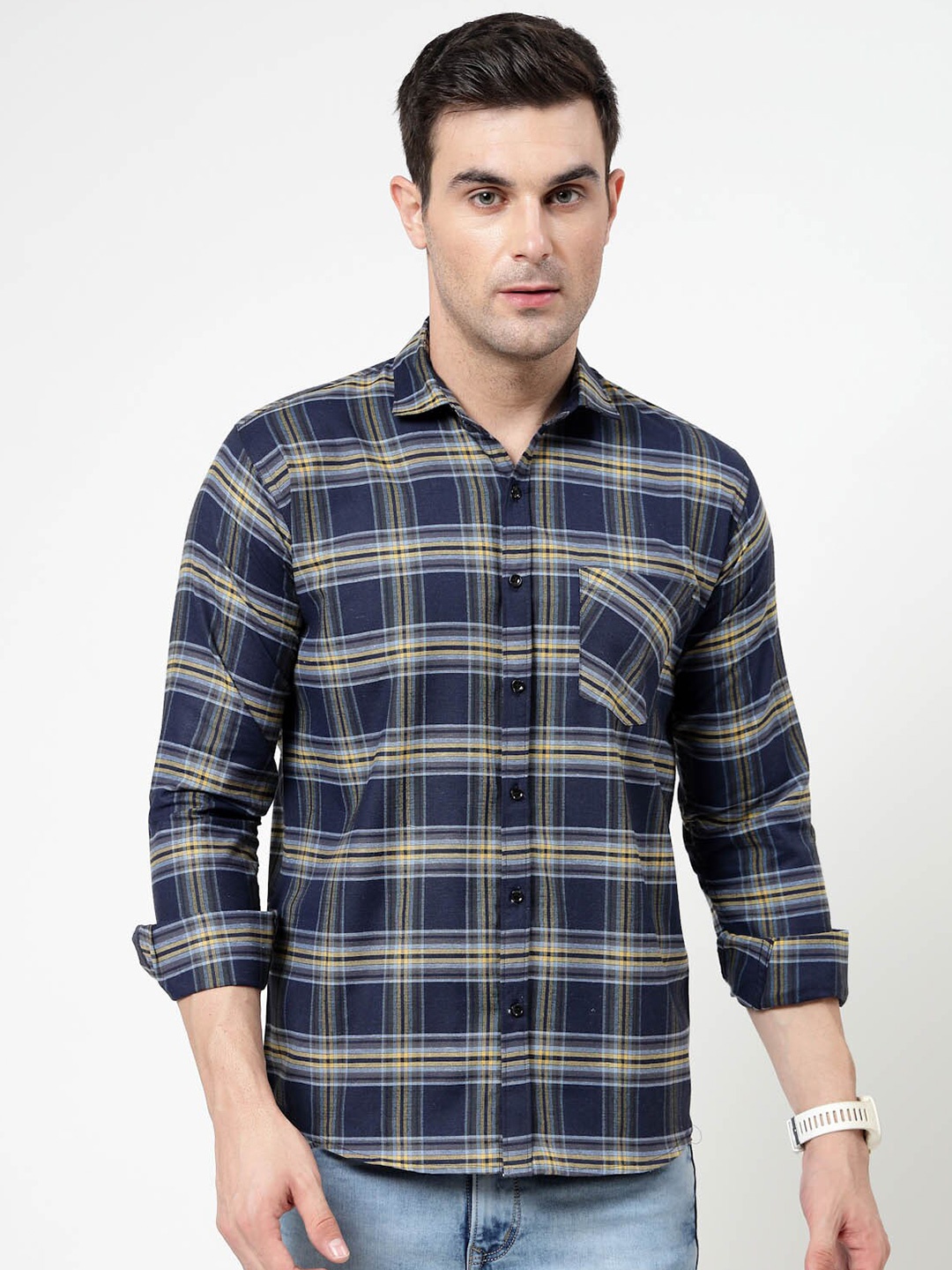 

ADWYN PETER Spread Collar Tartan Checks Opaque Checked Casual Shirt, Blue