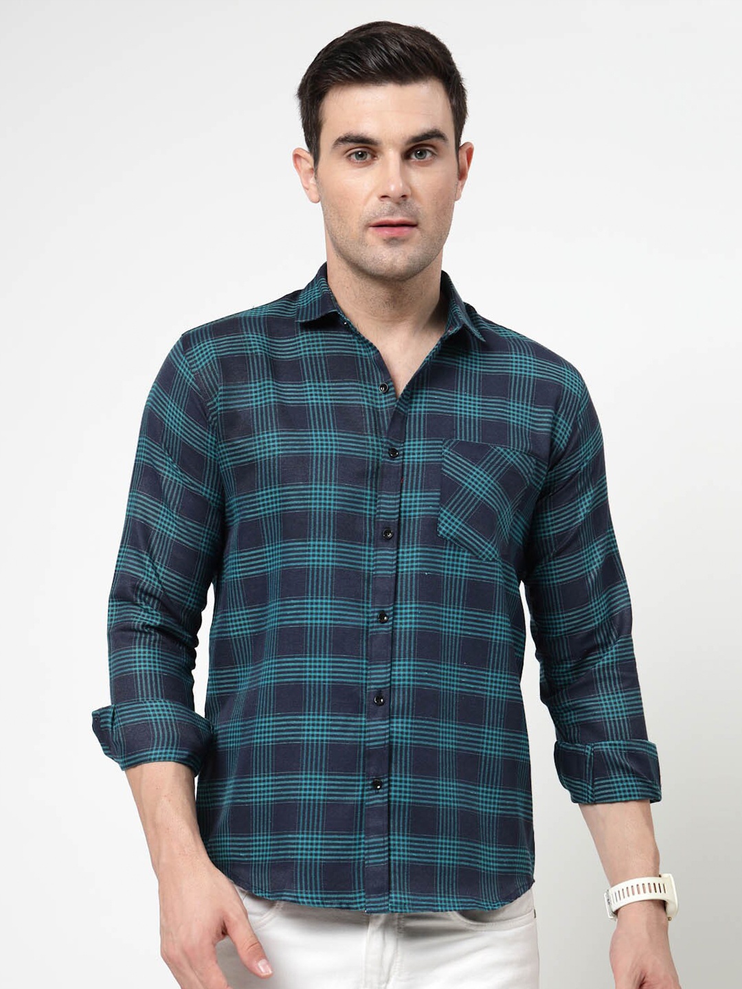 

ADWYN PETER Spread Collar Buffalo Checks Opaque Checked Casual Shirt, Blue