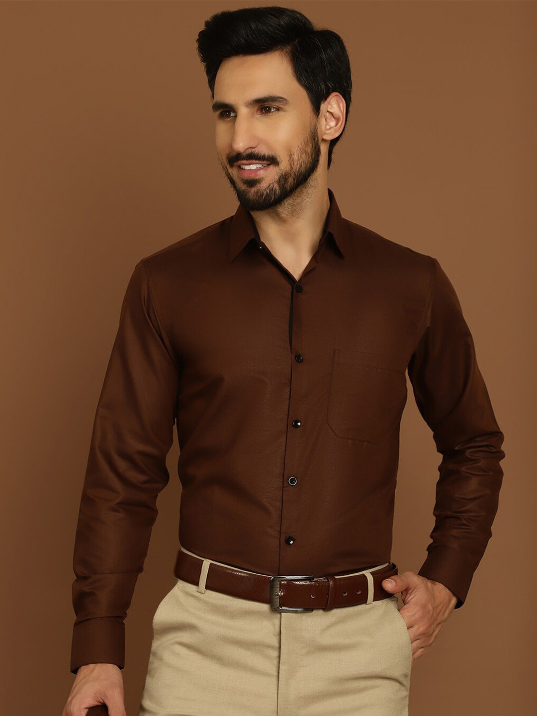 

Indian Needle Cotton Classic Curved Regular Fit Formal Shirt, Coffee brown