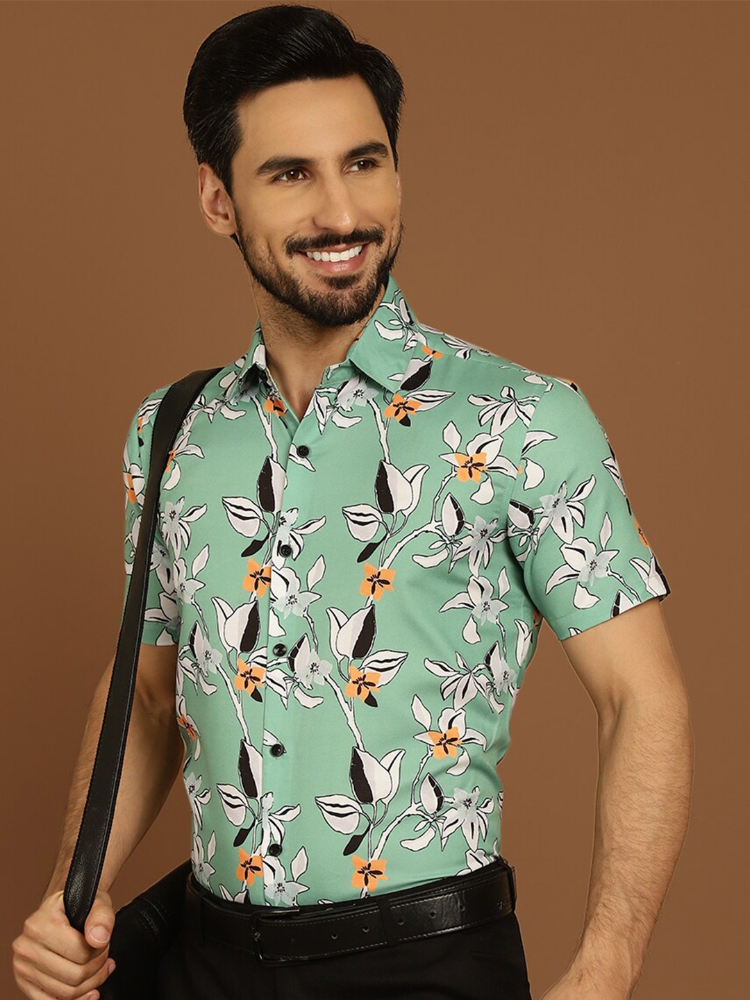 Indian Needle Classic Floral Cotton Printed Formal Shirt, Green