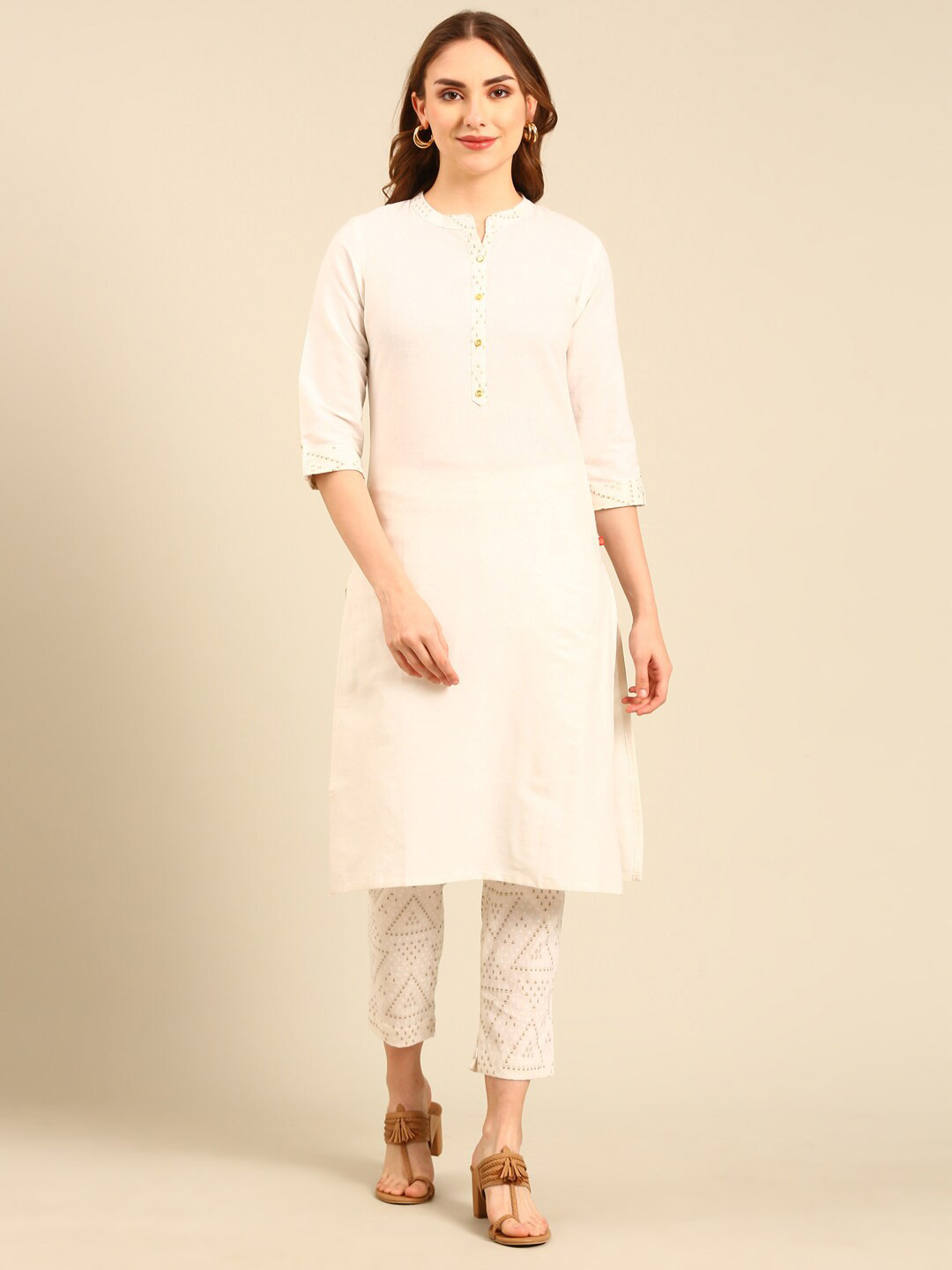 

Marcia Mandarin Collar Ethnic Yoke Design Pure Cotton Straight Kurta with Trousers, Beige