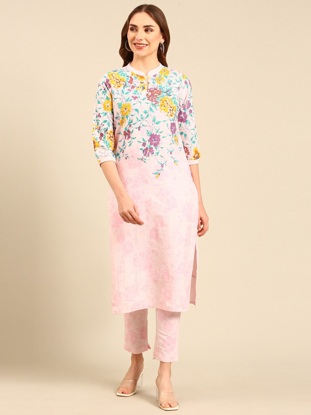

Marcia Ethnic Motifs Printed Band collar Regular Pure Cotton Kurta with Trousers, Pink