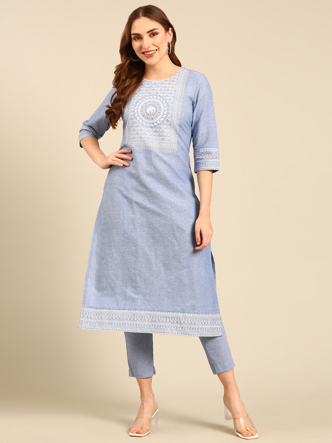 

Marcia Ethnic Motifs Round neck Regular Thread Work Pure Cotton Kurta with Trousers, Blue