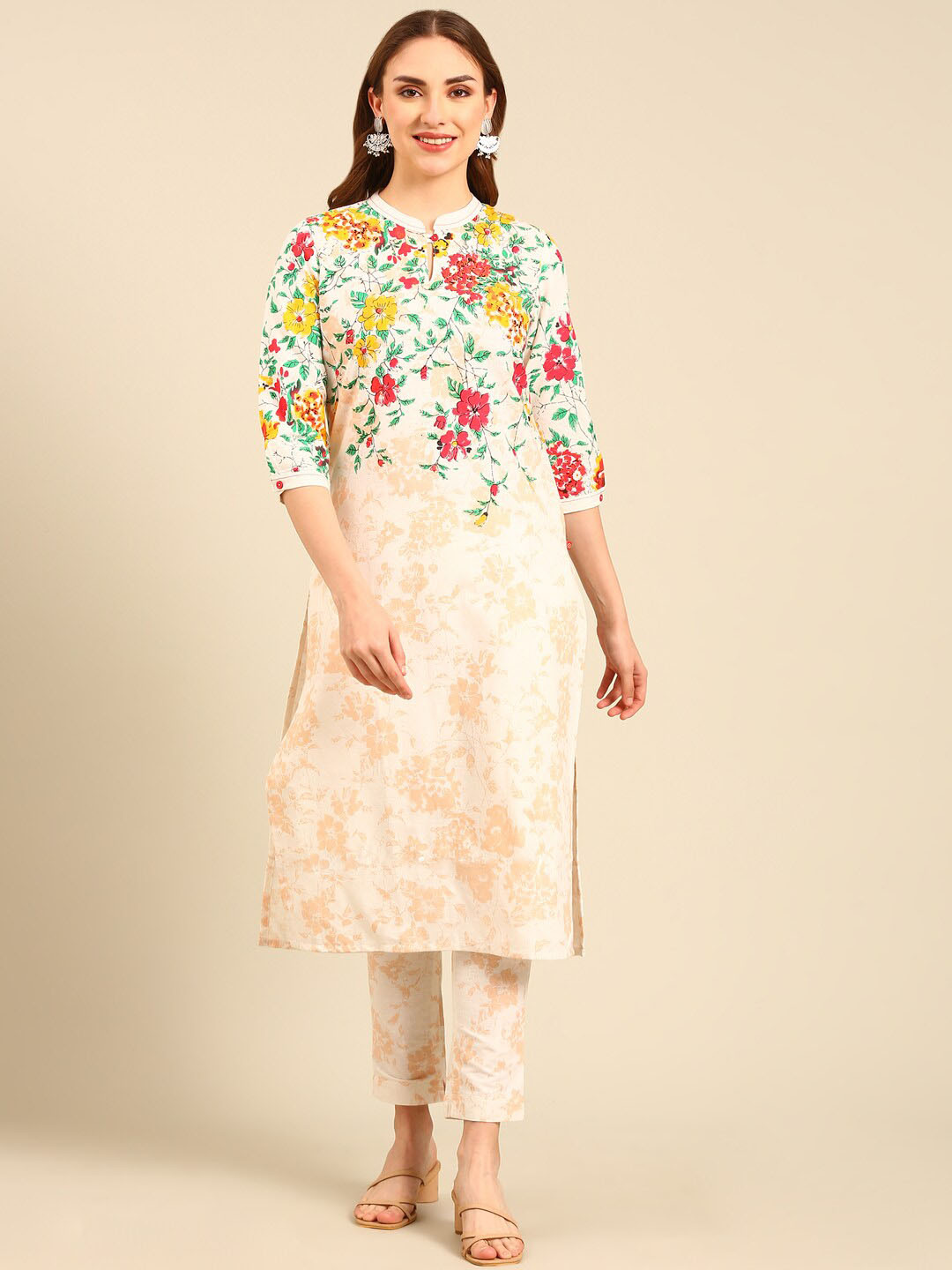 

Marcia Mandarin Collar Floral Printed Pure Cotton Straight Kurta with Trousers, Beige