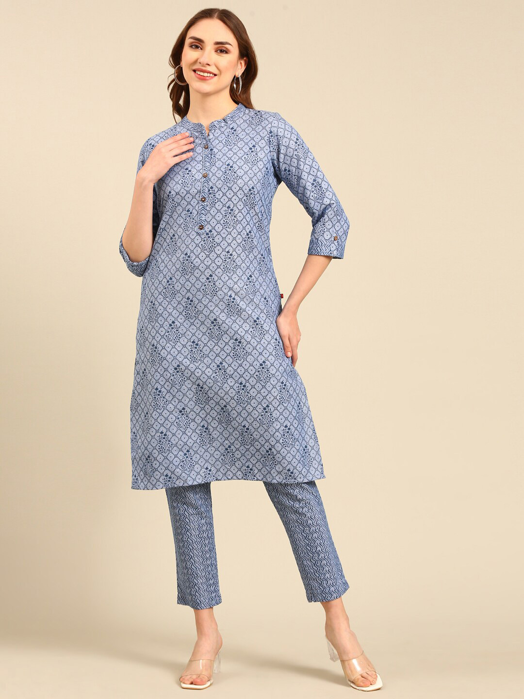 

Marcia Ethnic Motifs Printed Mandarin collar Regular Pure Cotton Kurta with Trousers, Blue