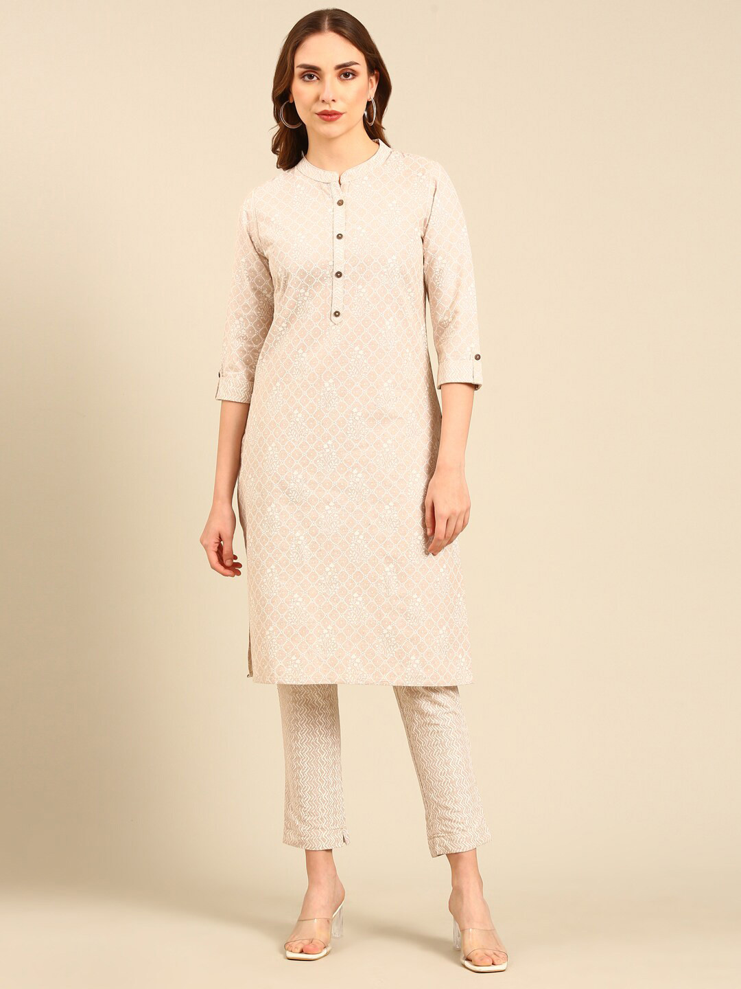 

Marcia Ethnic Printed Mandarin Collar Roll-Up Sleeves Pure Cotton Straight Kurta & Trouser, Beige