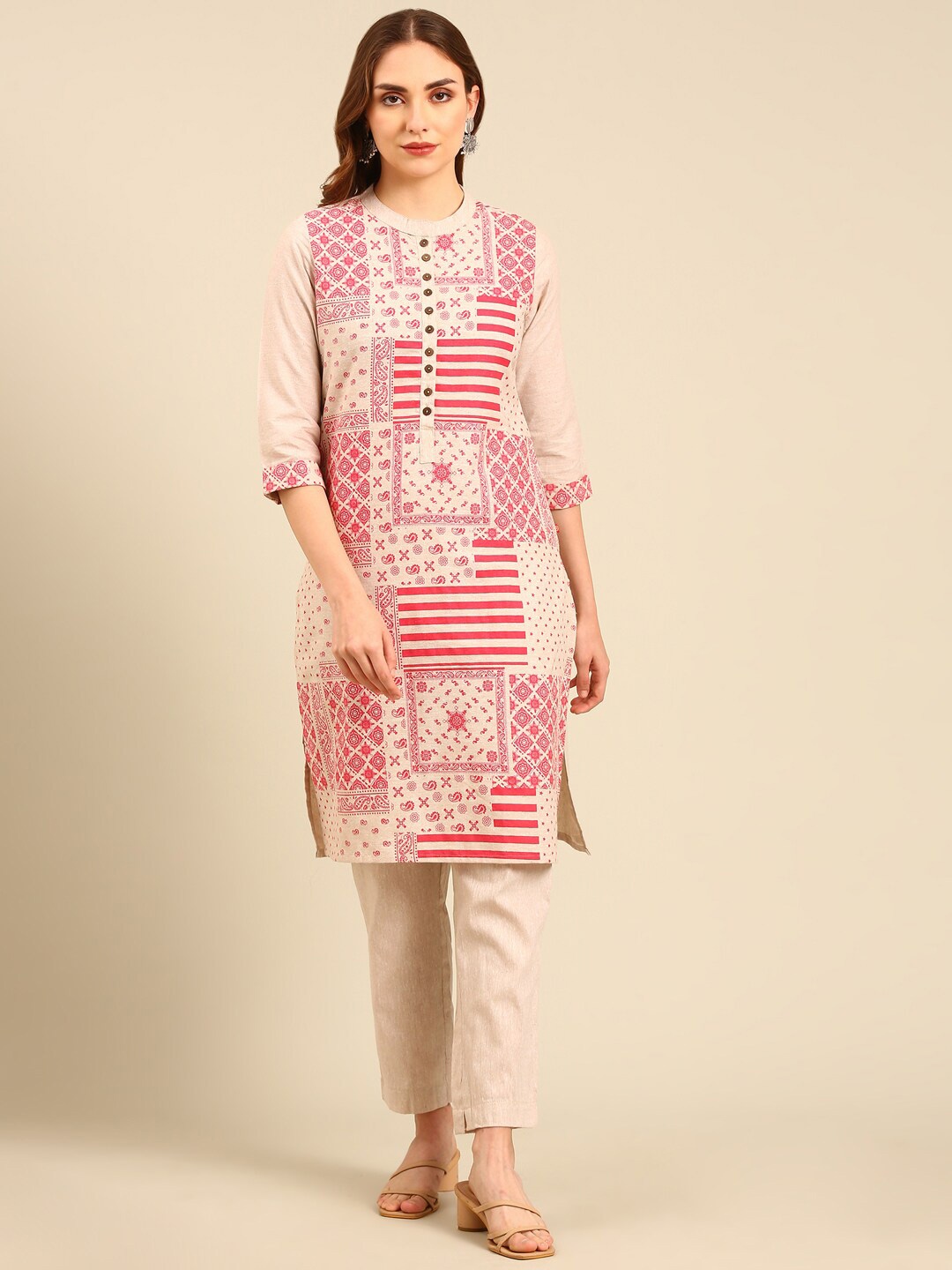 

Marcia Ethnic Motifs Printed Band collar Regular Pure Cotton Kurta with Trousers, Pink