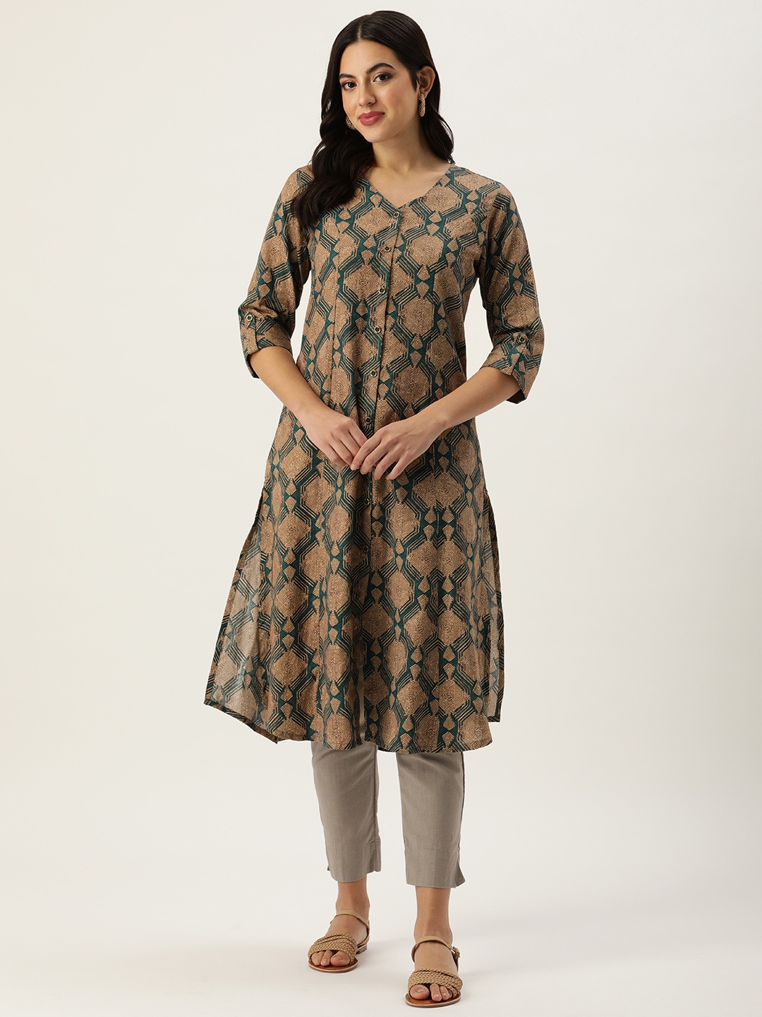 

AMUKTI Geometric Printed Roll-Up Sleeves Kurta, Teal