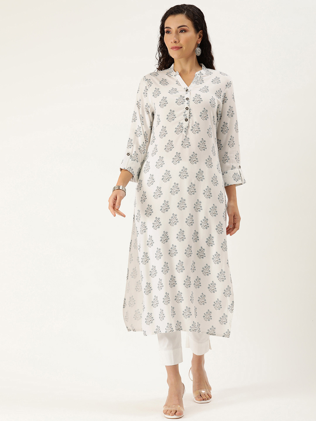 

AMUKTI Floral Printed Mandarin Collar Roll-Up Sleeves Kurta, White