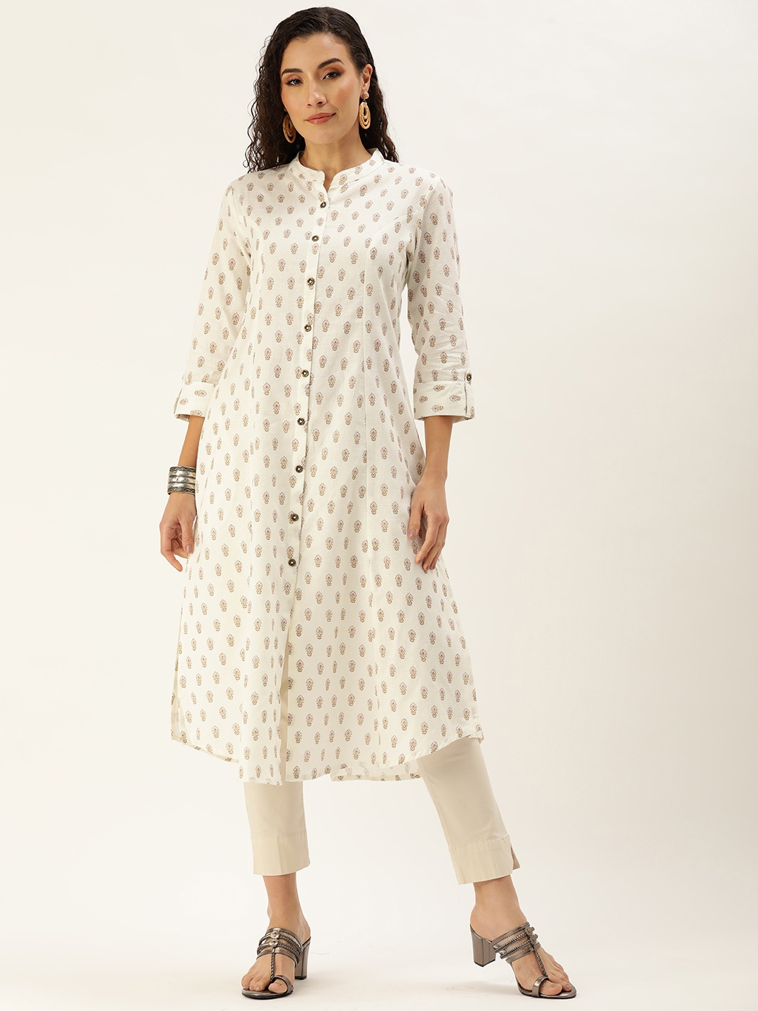 

AMUKTI Ethnic Motifs Printed Mandarin Collar Roll-Up Sleeves Kurta, Off white