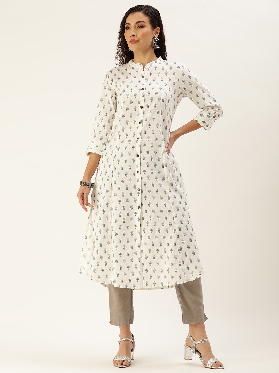 

AMUKTI Ethnic Motifs Printed Mandarin Collar Roll-Up Sleeves Kurta, Off white