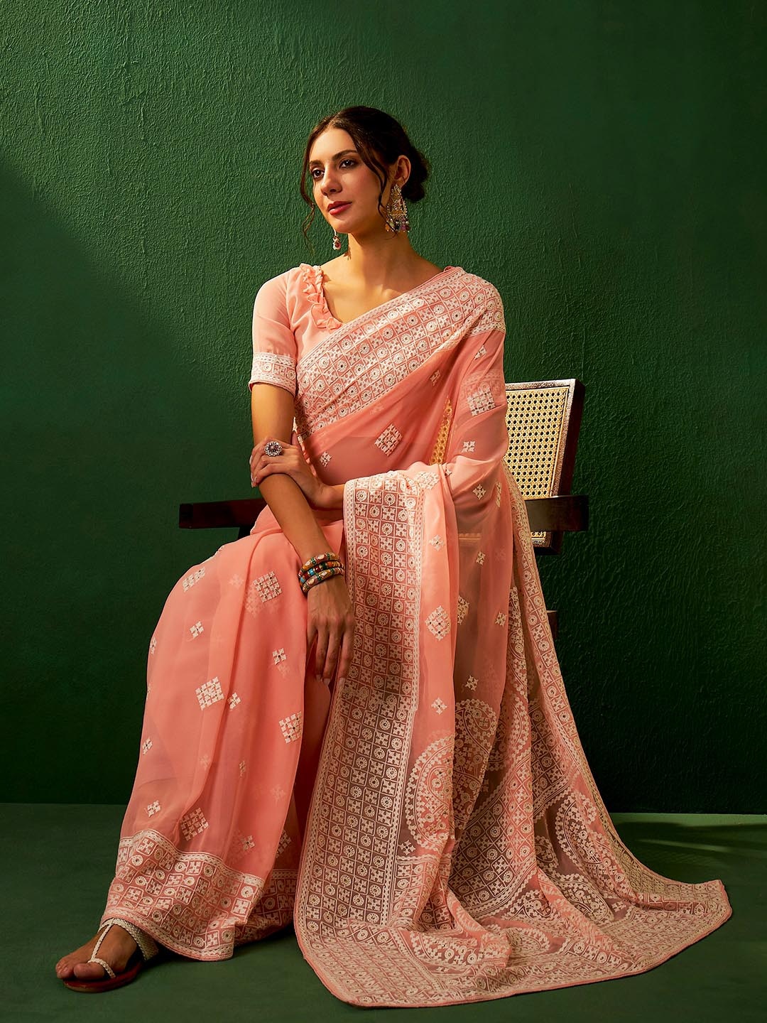 

Sangria Embroidered Pure Georgette Sarees, Peach