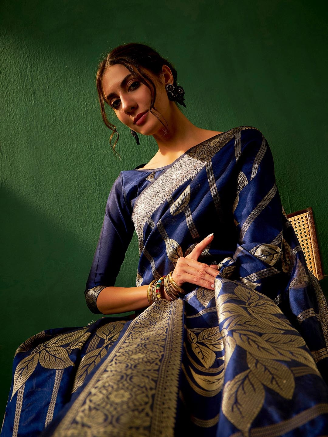 

Sangria Ethnic Motifs Woven Designed Banarasi Designer Saree, Navy blue