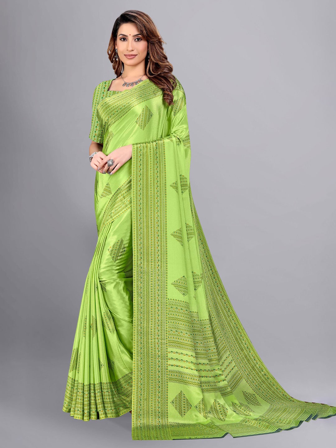 

VIMLA Geometric Printed Art Silk Mysore Saree, Green