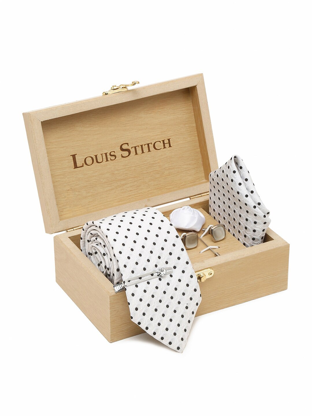 

LOUIS STITCH Printed Italian Silk Necktie Accessory Gift Set, White