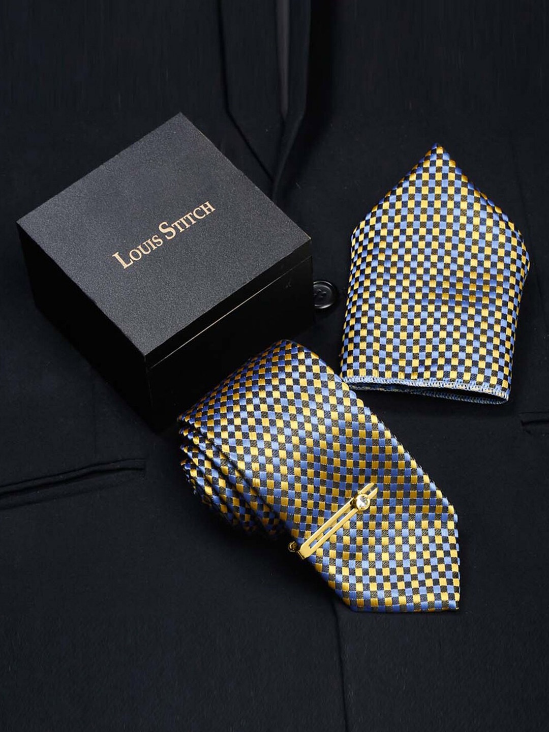 

LOUIS STITCH Woven Design Italian Silk Necktie Accessory Gift Set, Yellow