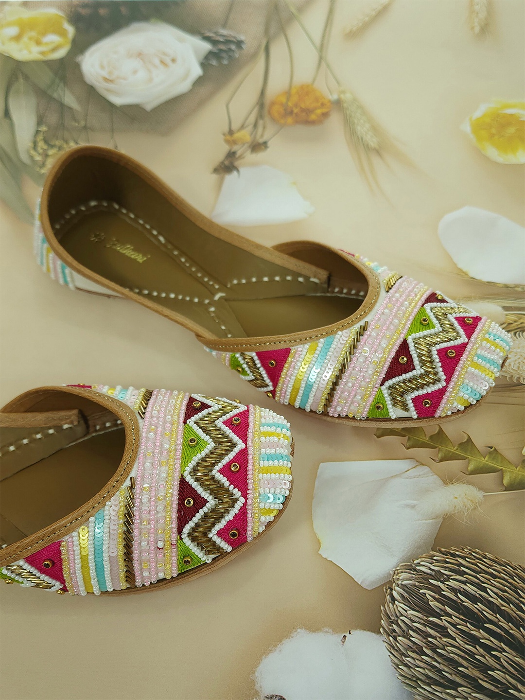 

Fulkari Embellished Leather Ethnic Mojaris, Beige