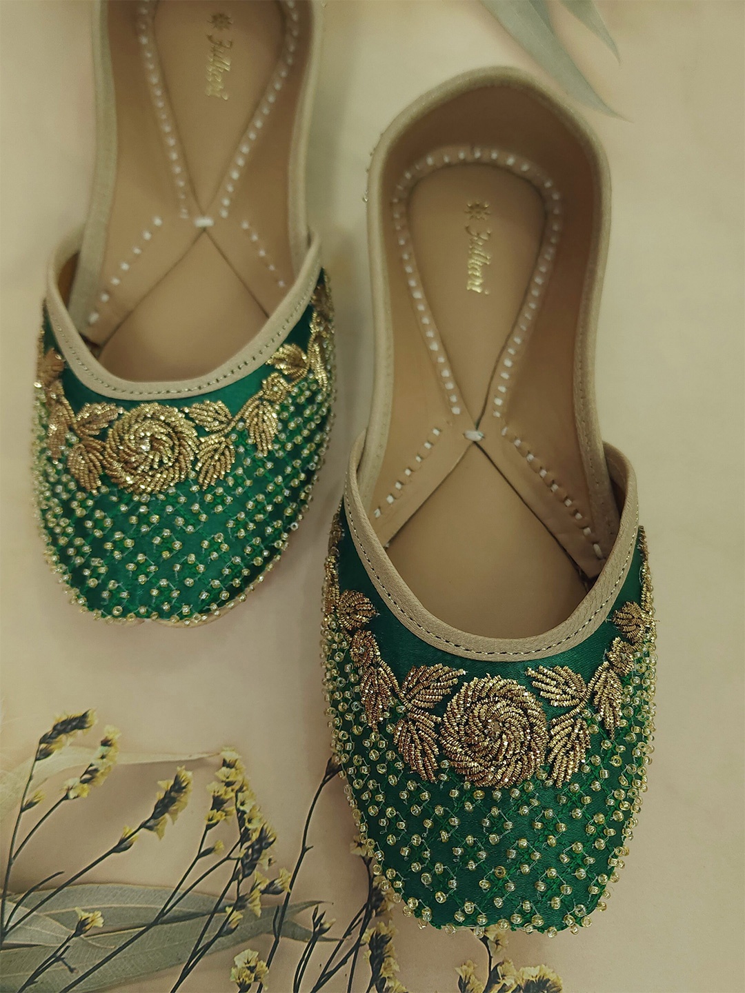 

Fulkari Round Toe Embellished Leather Mojaris, Green