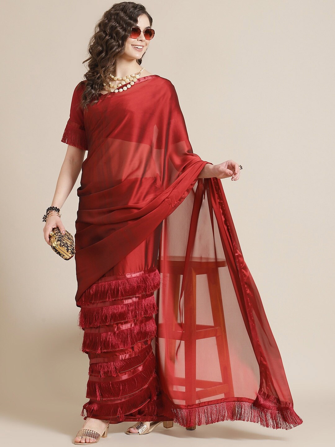 

KALINI Tassel Lace Saree, Maroon