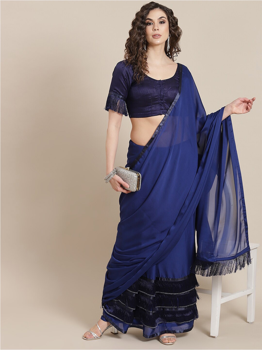 

KALINI Tassel Lace Border Poly Georgette Saree, Blue