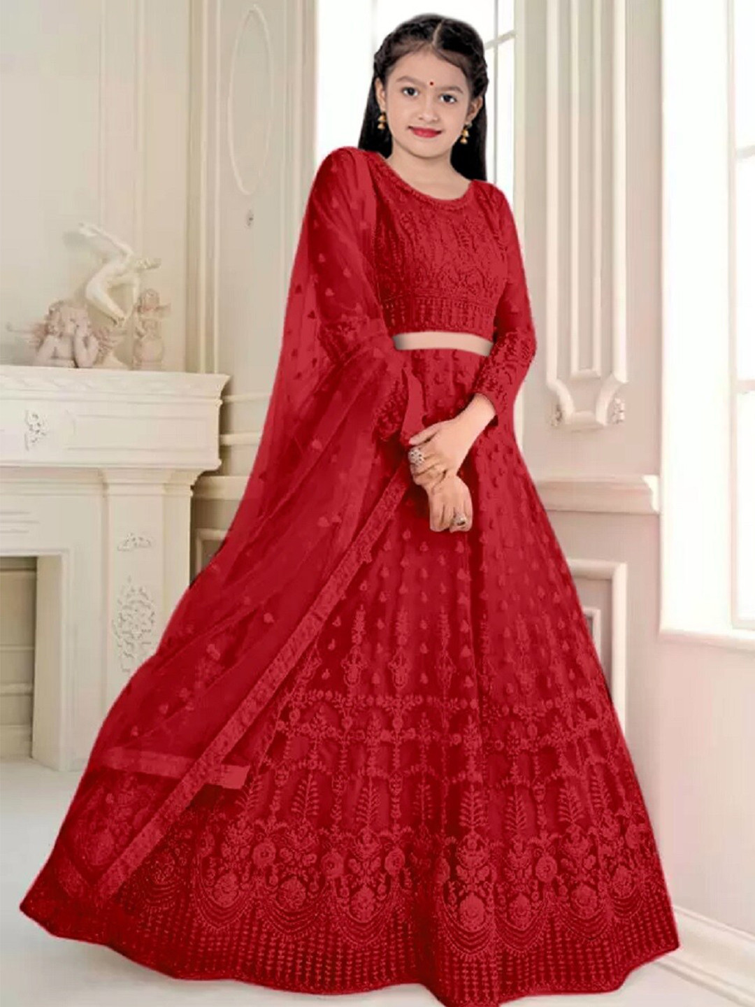 

BAESD Girls Embroidered Semi-Stitched Lehenga & Unstitched Blouse With Dupatta, Red