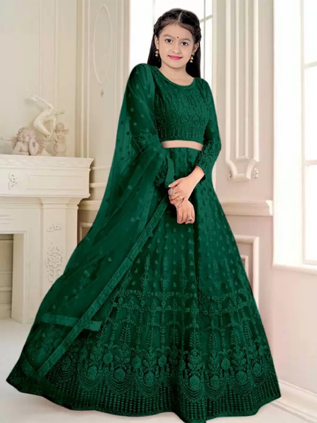 

BAESD Girls Embroidered Semi-Stitched Lehenga & Unstitched Blouse With Dupatta, Green