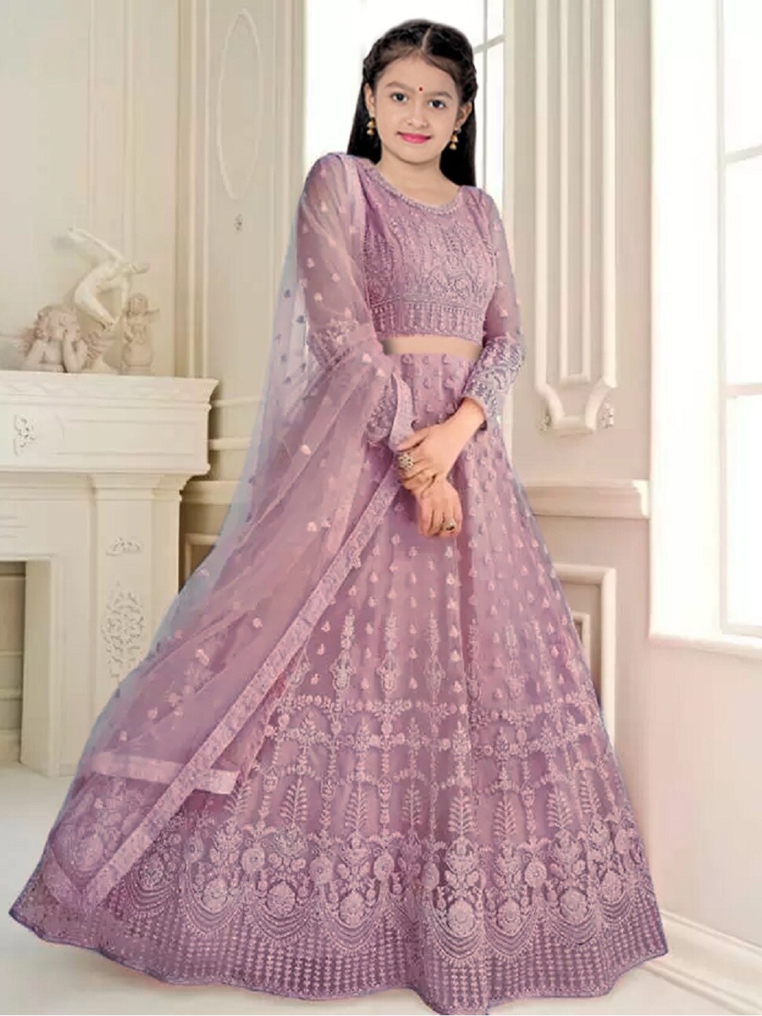 

BAESD Girls Embroidered Semi-Stitched Lehenga & Unstitched Blouse With Dupatta, Lavender