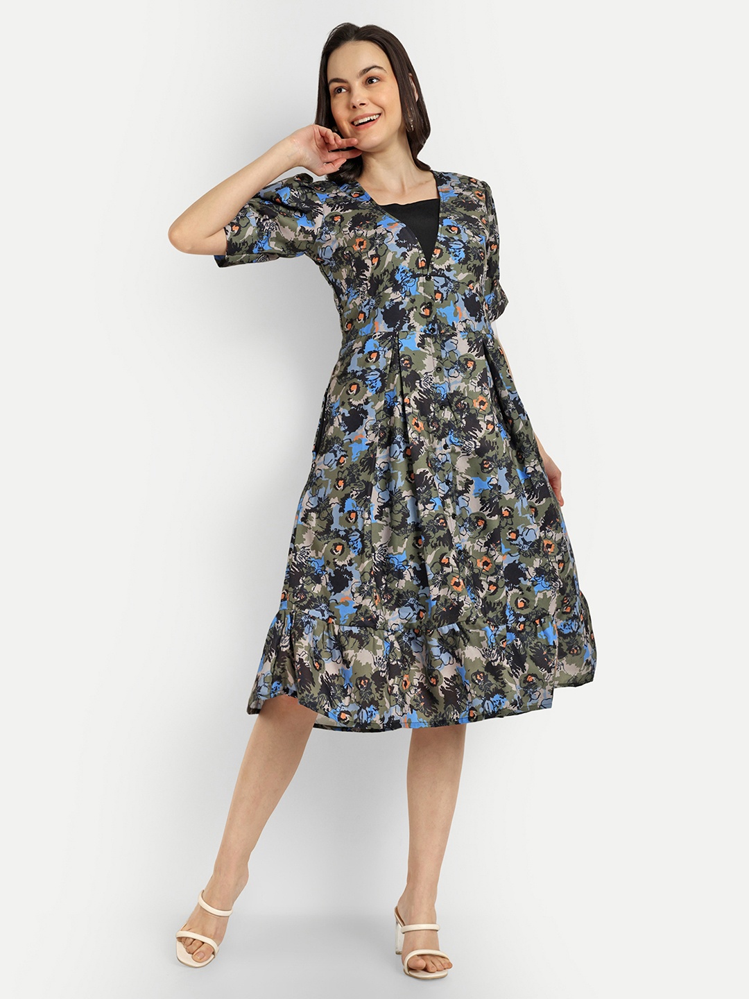 

SHINISHA Floral Print Fit & Flare Cotton Dress, Black