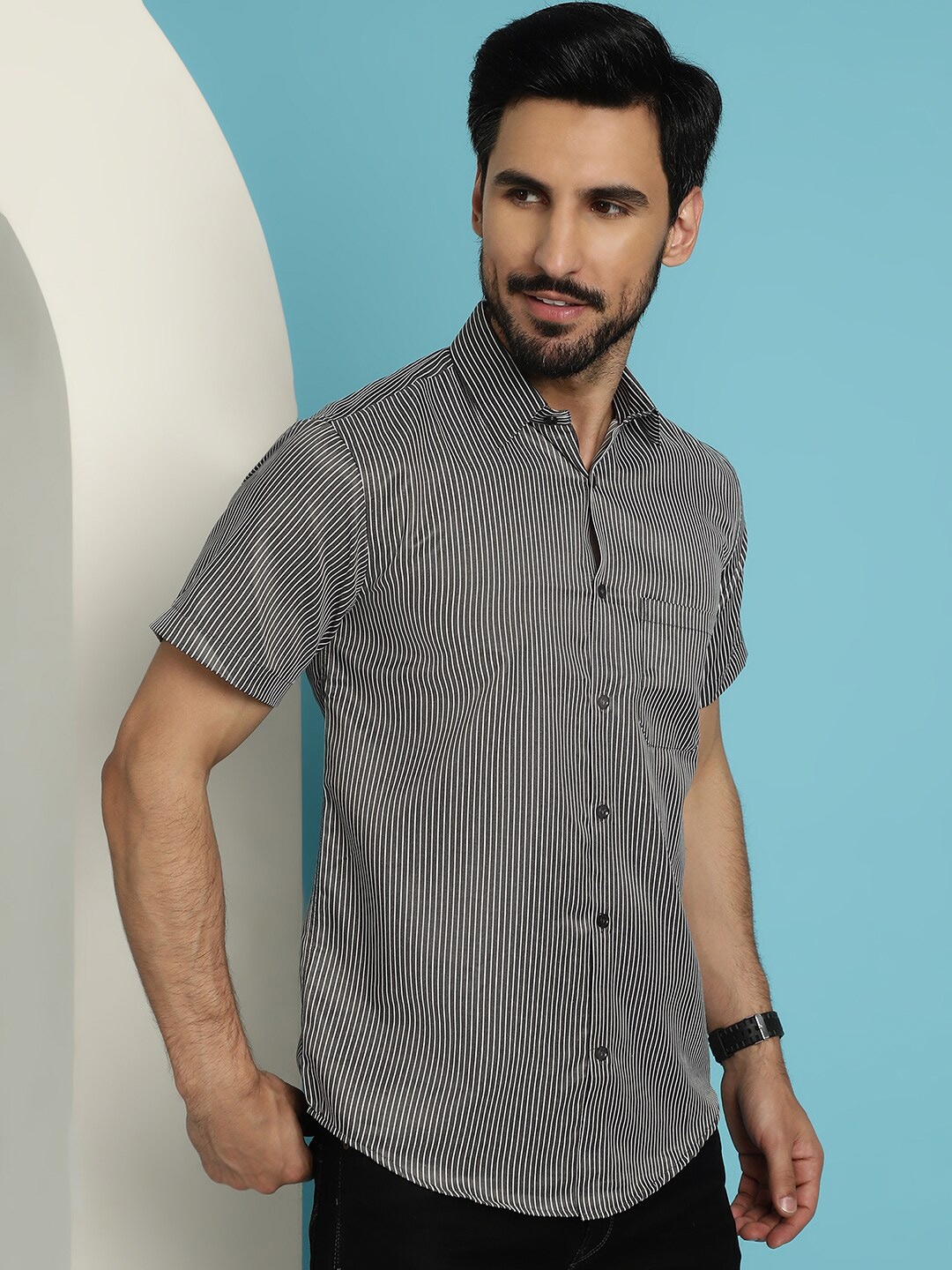 

Indian Needle Striped Cotton Spread Collar Casual Shirt, Black