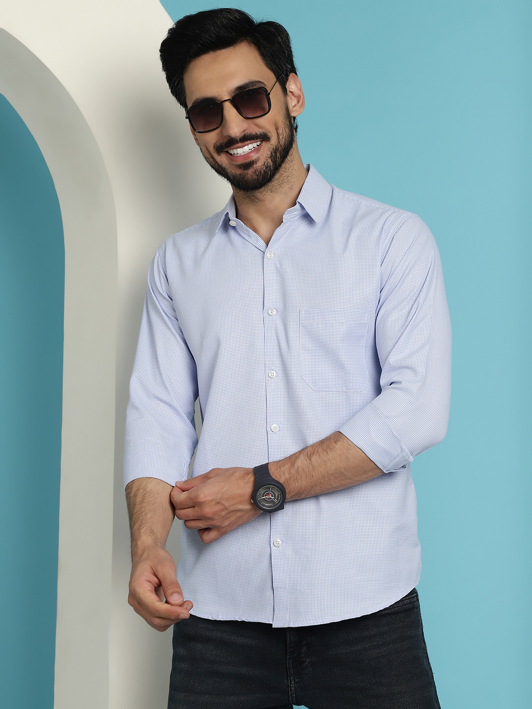 

Indian Needle Micro Check Printed Spread Collar Long Sleeves Classic Opaque Casual Shirt, Blue