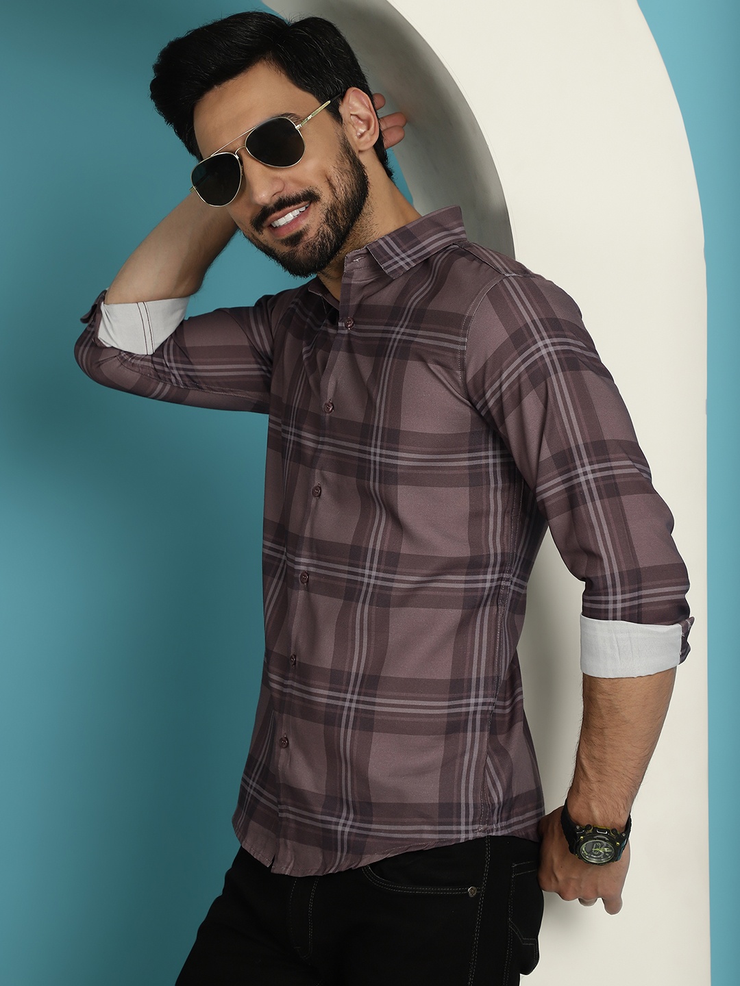 

Indian Needle Spread Collar Regular Fit Classic Tartan Checks Opaque Checked Casual Shirt, Brown