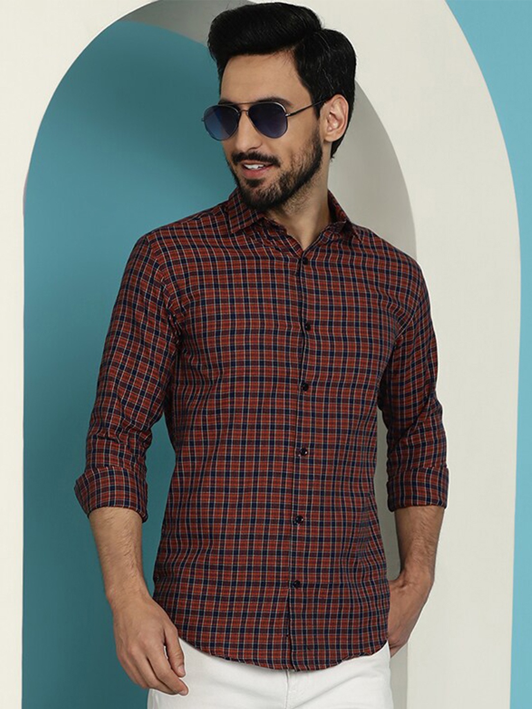 

Indian Needle Spread Collar Regular Fit Classic Tartan Checks Opaque Checked Casual Shirt, Orange