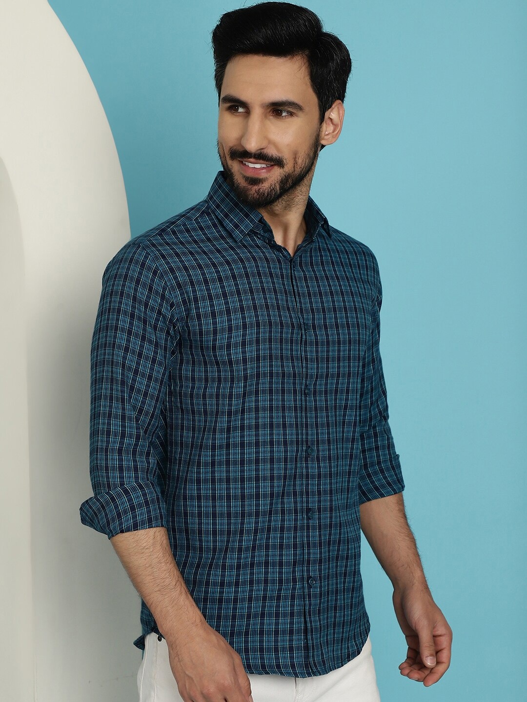 

Indian Needle Classic Cotton Checked Casual Shirt, Navy blue