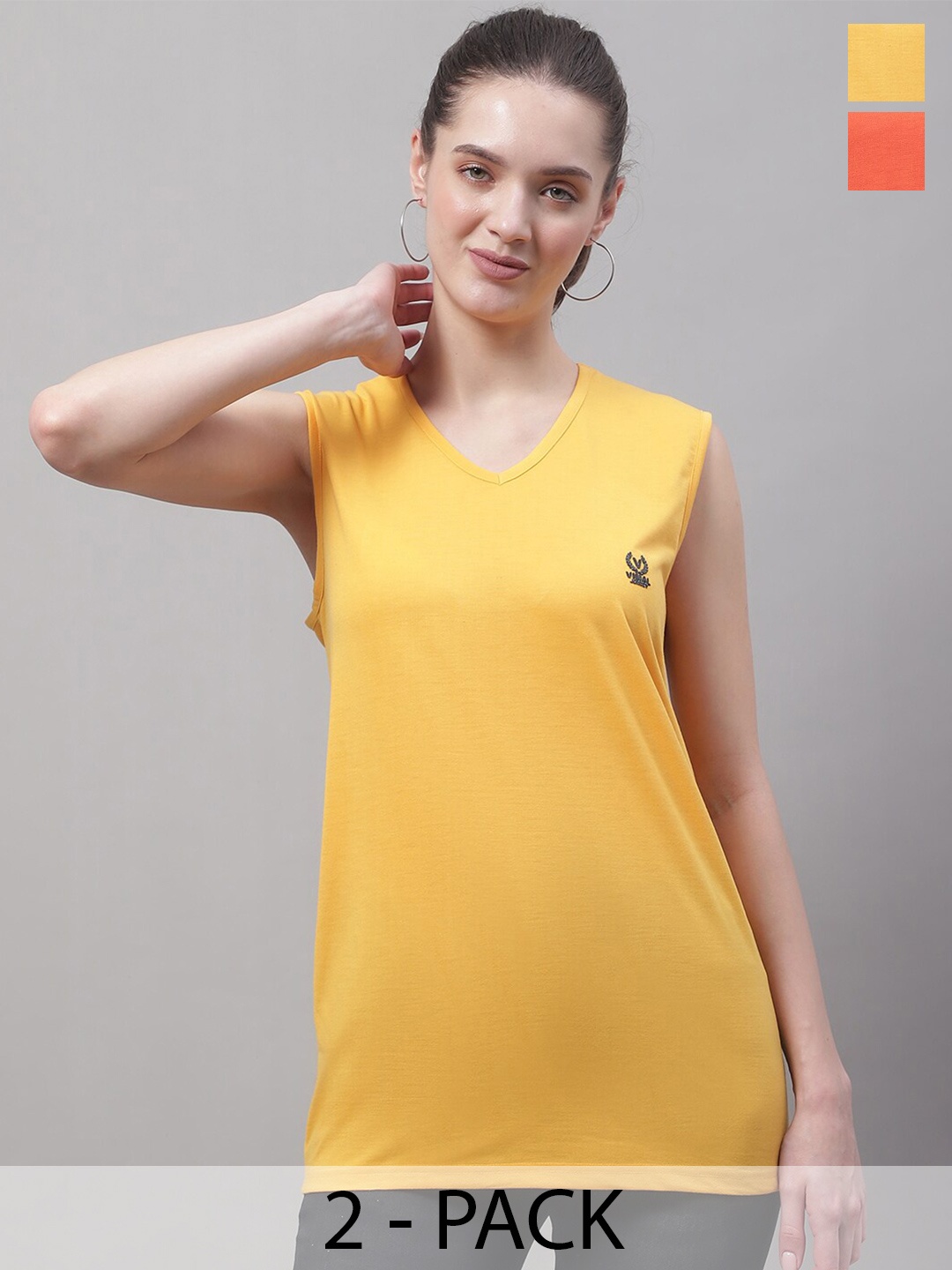 

VIMAL JONNEY Pack Of 2 V-Neck Cotton Gym T-shirt, Yellow