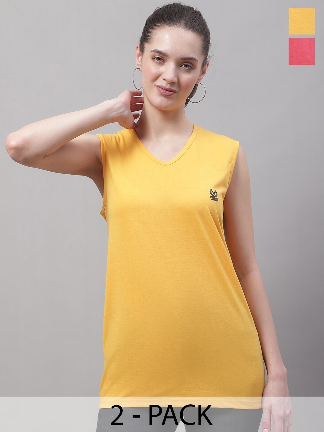 

MACK JONNEY Pack Of 2 V-Neck Cotton T-shirt, Yellow