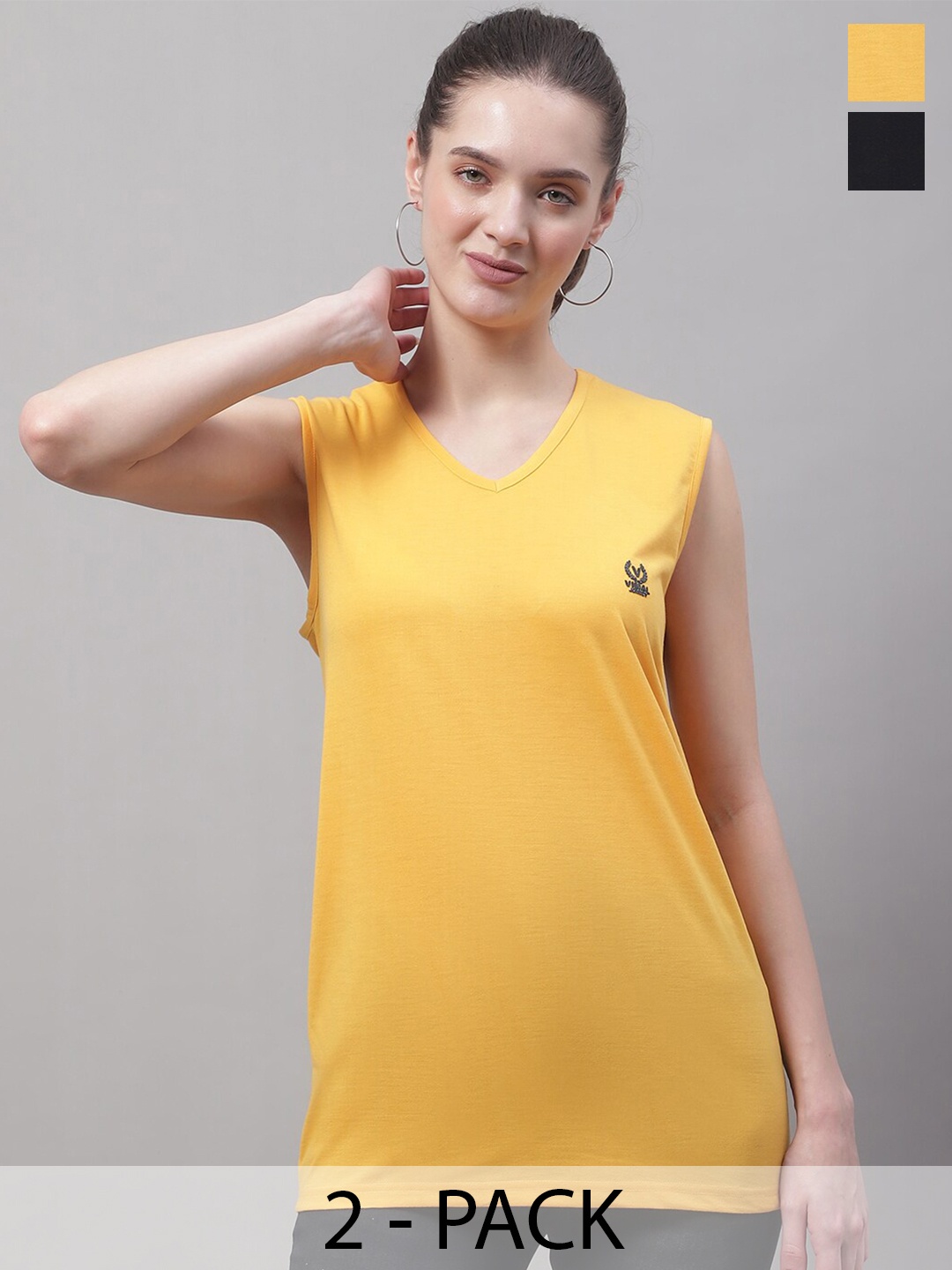 

MACK JONNEY Pack Of 2 V-Neck Sleeveless Cotton T-shirt, Yellow