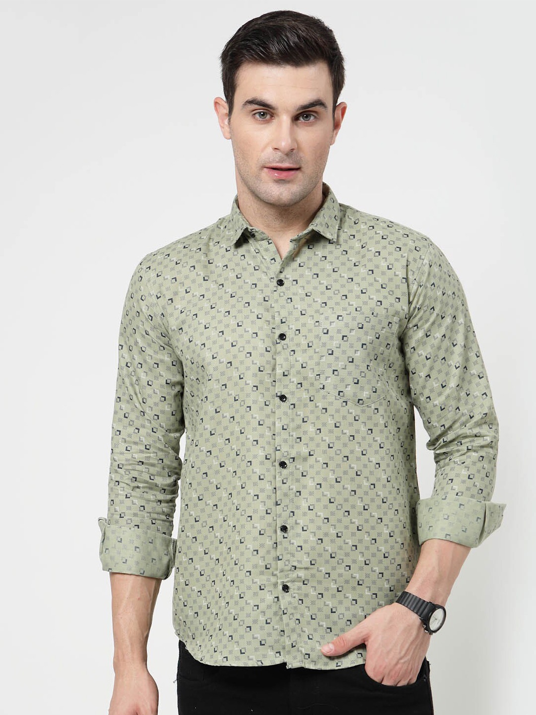 

ADWYN PETER New Conversational Printed Spread Collar Opaque Casual Shirt, Green