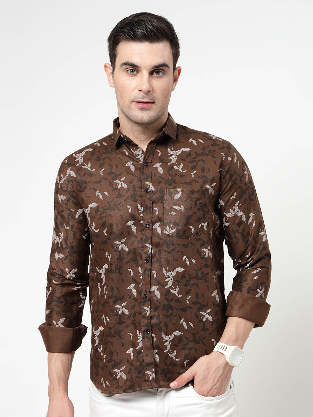 

ADWYN PETER New Floral Printed Spread Collar Opaque Casual Shirt, Brown