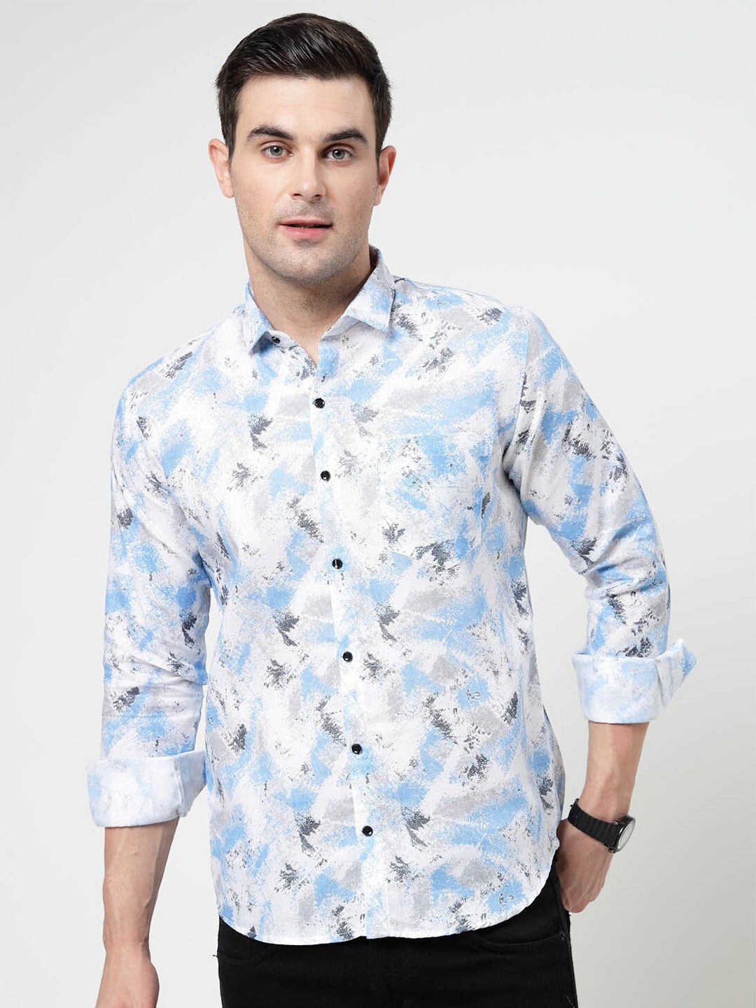 

ADWYN PETER New Abstract Printed Spread Collar Opaque Casual Shirt, White