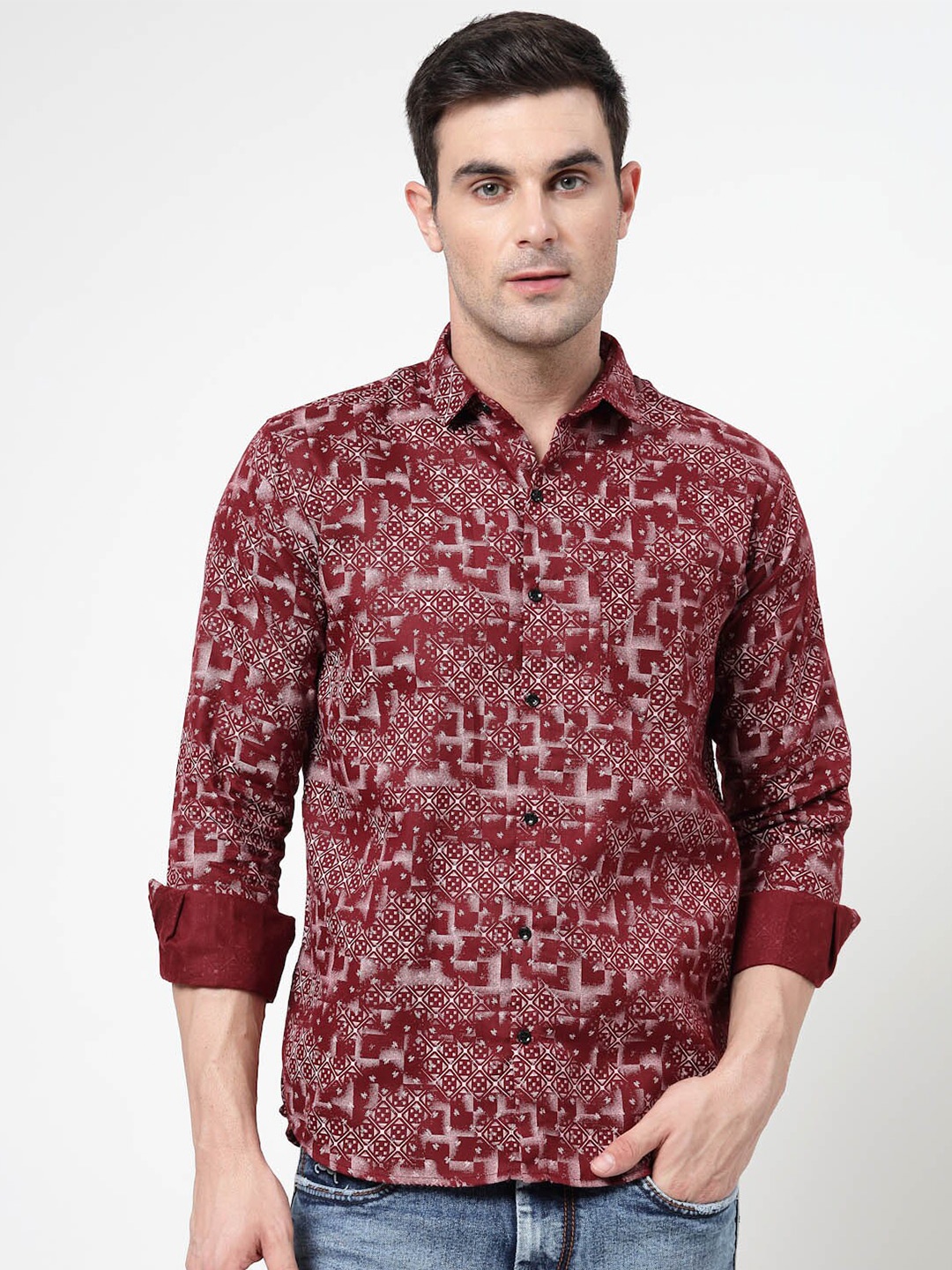 

ADWYN PETER New Abstract Printed Spread Collar Opaque Casual Shirt, Maroon