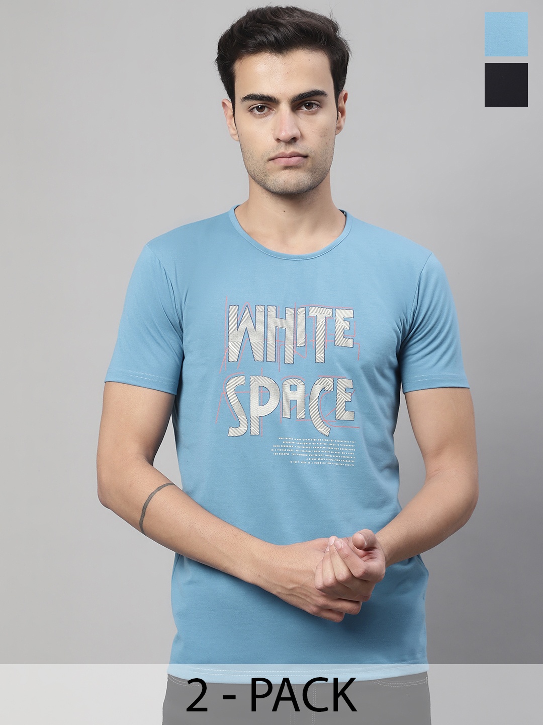 

MACK JONNEY Pack Of 2 Typography Printed Round Neck Cotton T-shirt, Blue