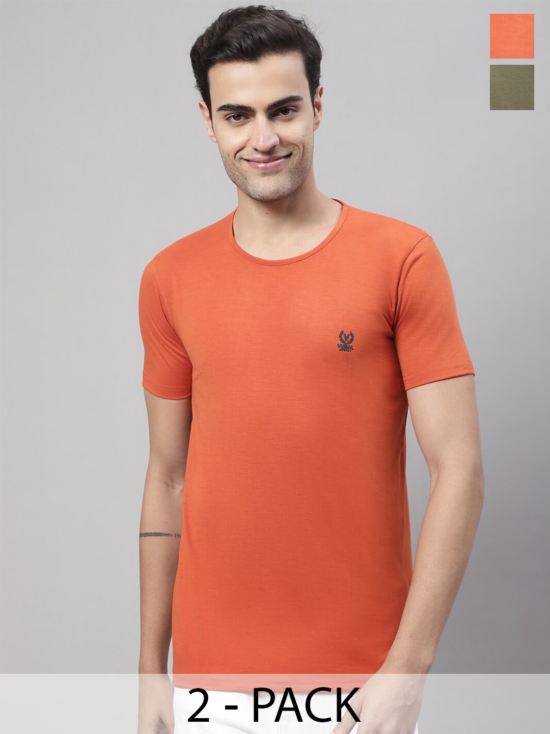 

MACK JONNEY Pack of 2 Regular Fit Round Neck Cotton T-shirts, Orange